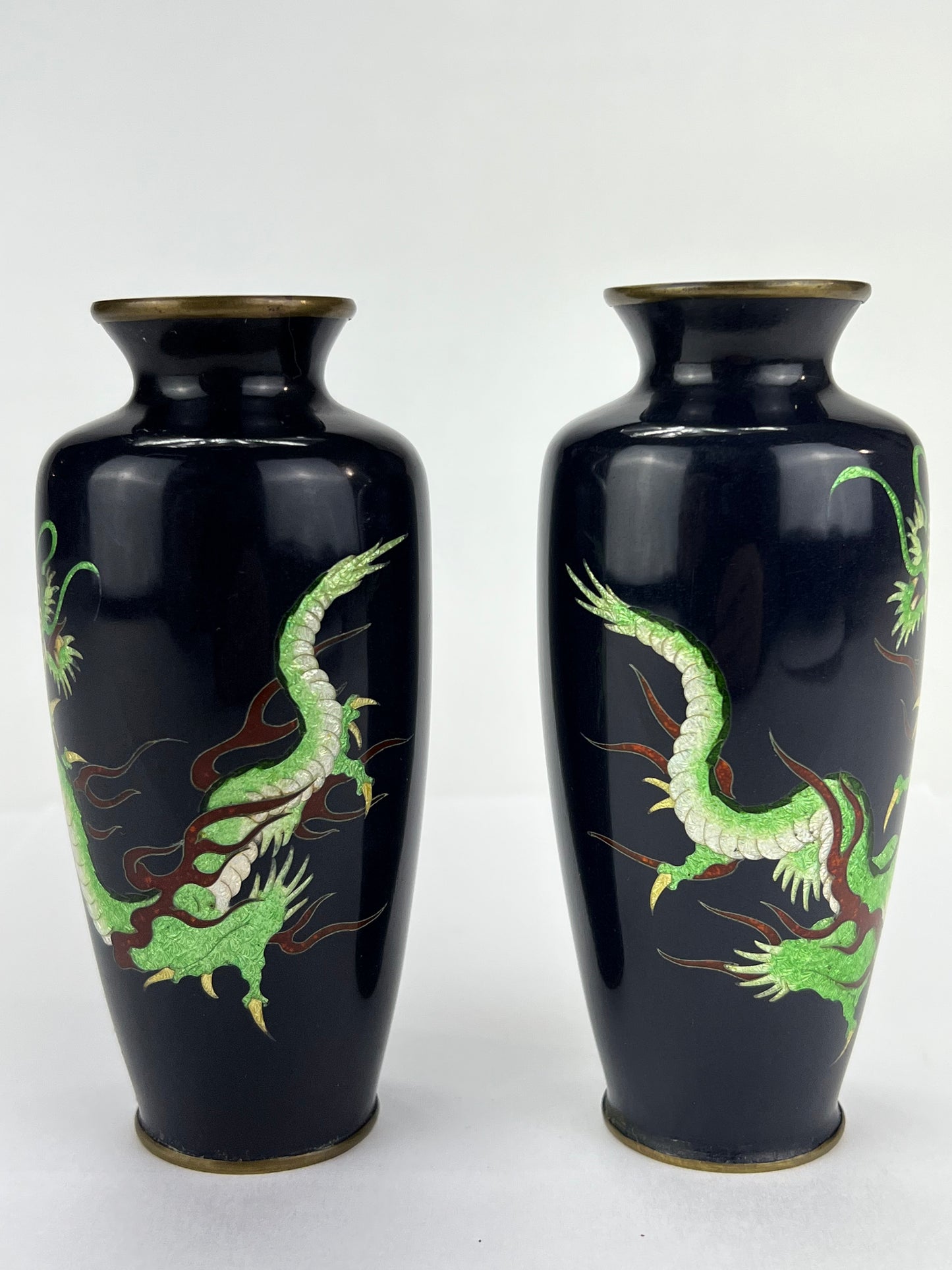 Antique Japanese Meiji Era (late 1800's) Cloisonné Pair of Green Dragon Vases 5”