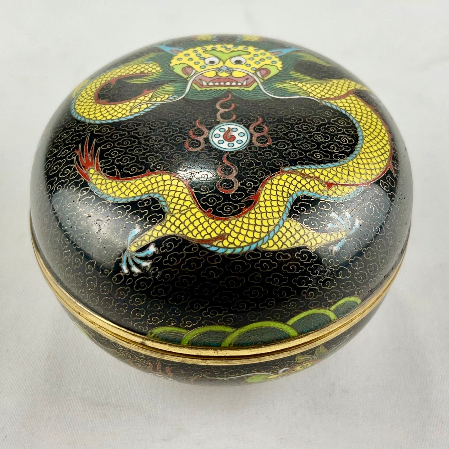 Antique Japanese Meiji Era (late 1800's) Cloisonné Yellow Dragon Jar / Box 3.5”
