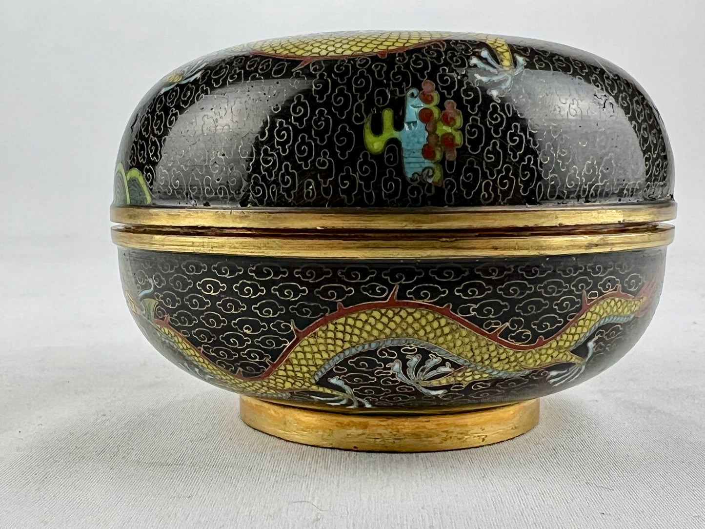 Antique Japanese Meiji Era (late 1800's) Cloisonné Yellow Dragon Jar / Box 3.5”