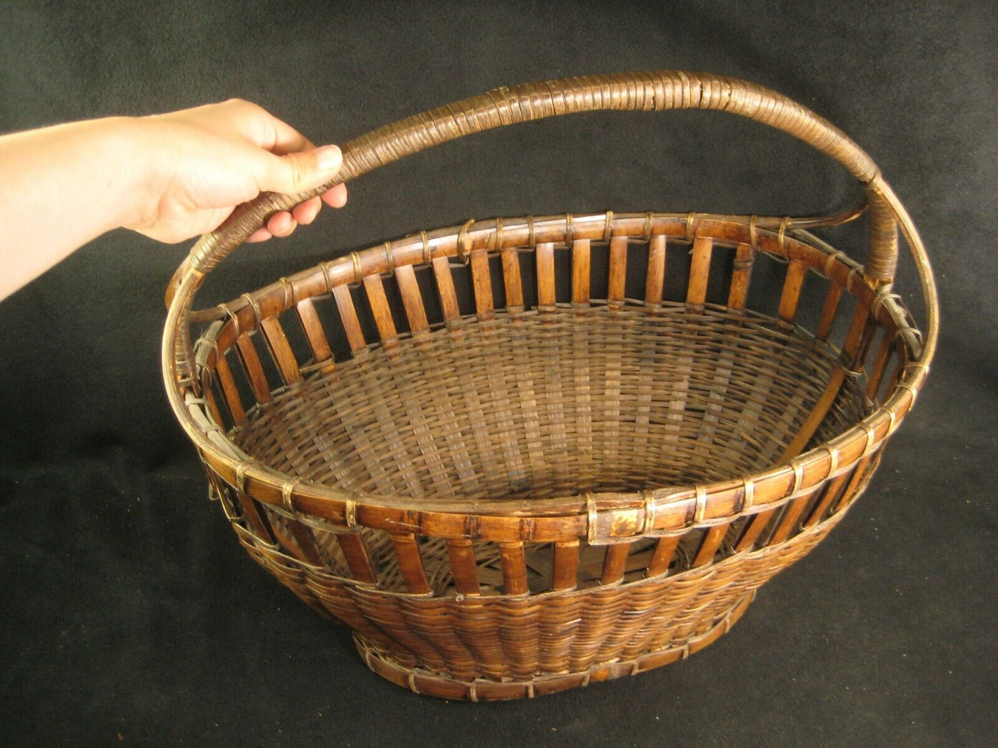 Antique Japanese Taisho (C1920) Hand Made Bamboo Basket Kago With Handle