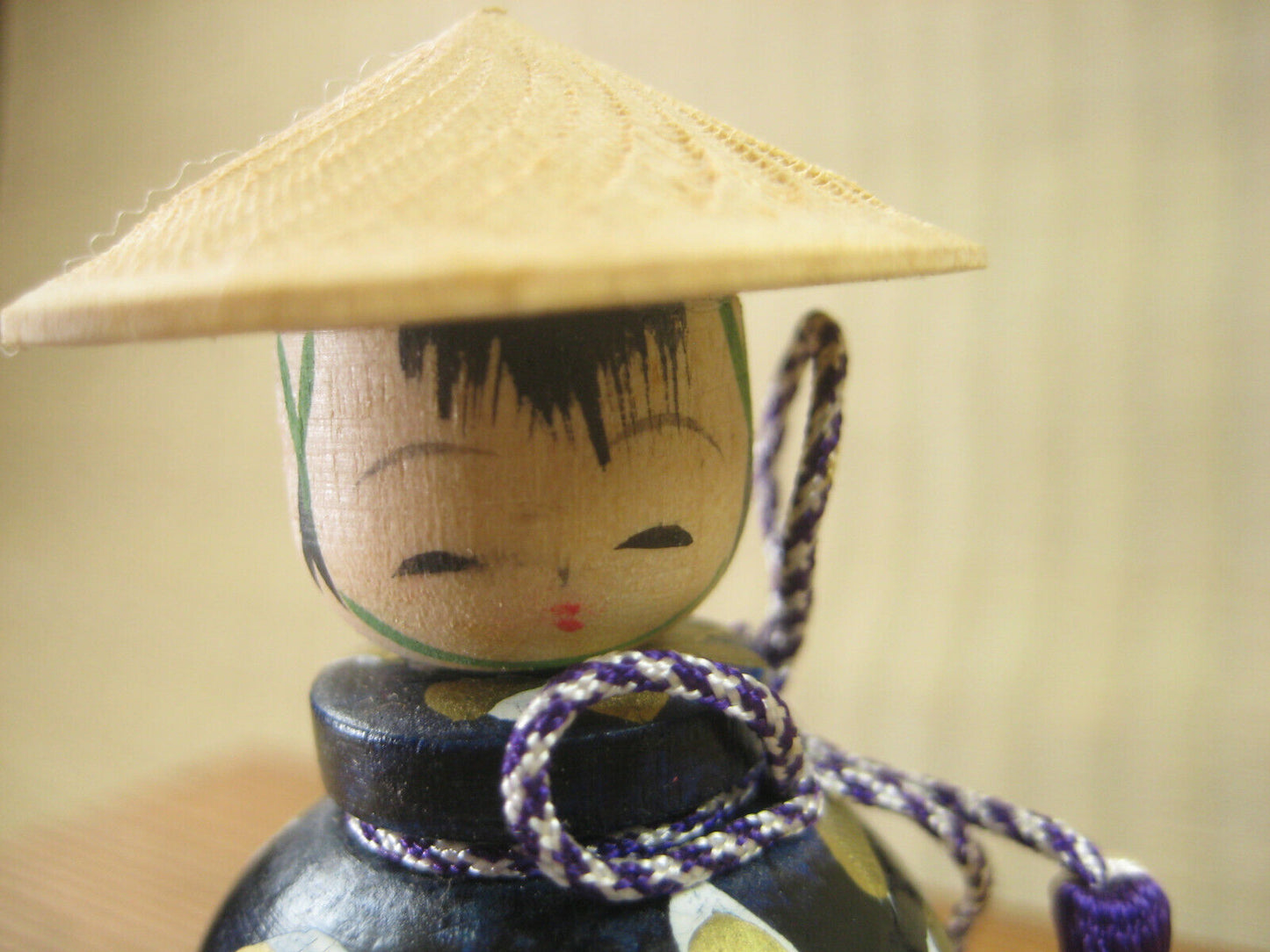 Vintage Japanese Kokeshi Small WoodenDoll W/ Hat And Calligraphy On Blue 2"