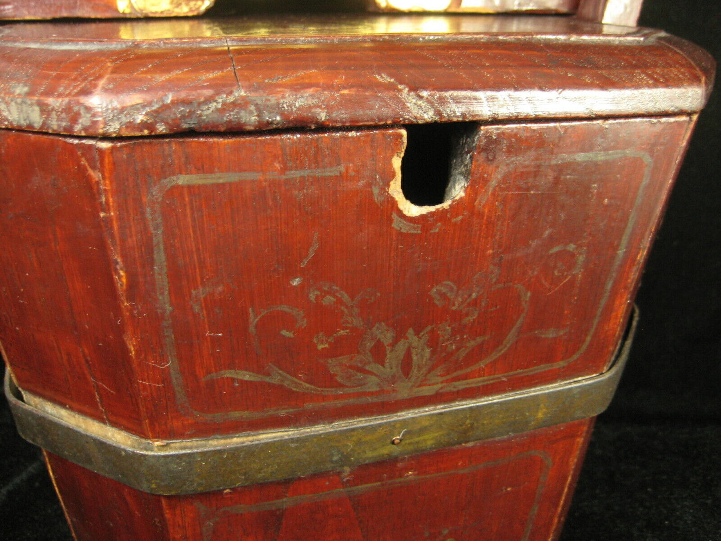 Antique Chinese Hardwood Teapot Caddy Holder W/ Bat Carving Red & Gold