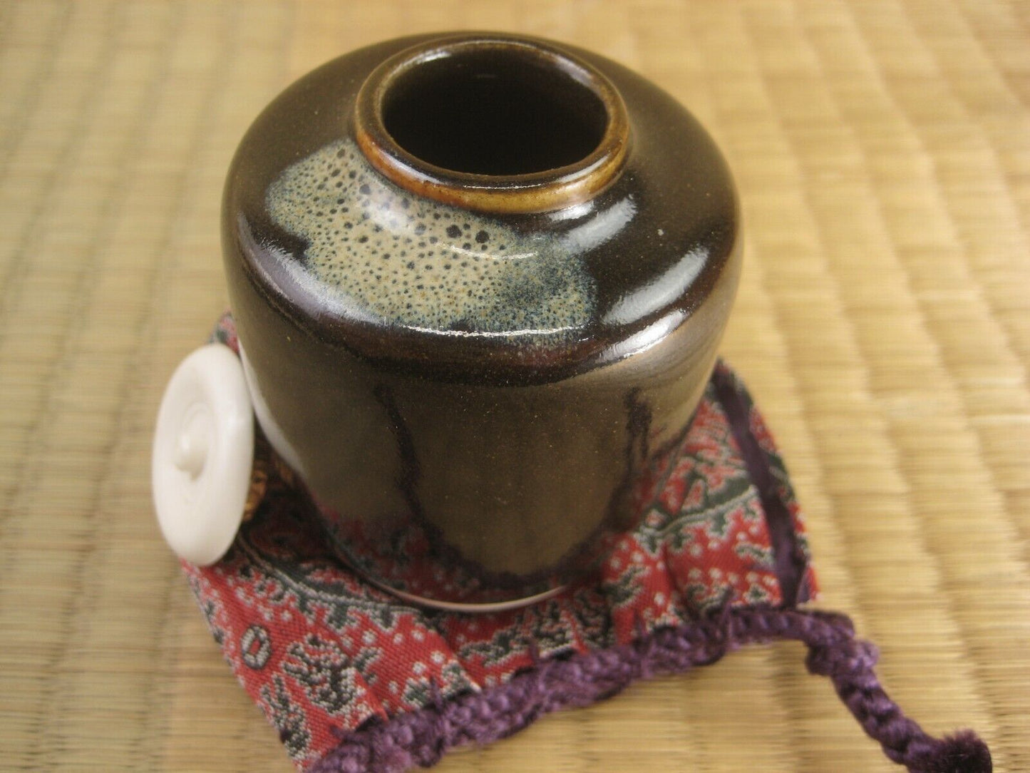 Japanese Cha-Ire Ceramic Tea Caddy Katatsuki Flask W/Shifuku Bag Chanoyu