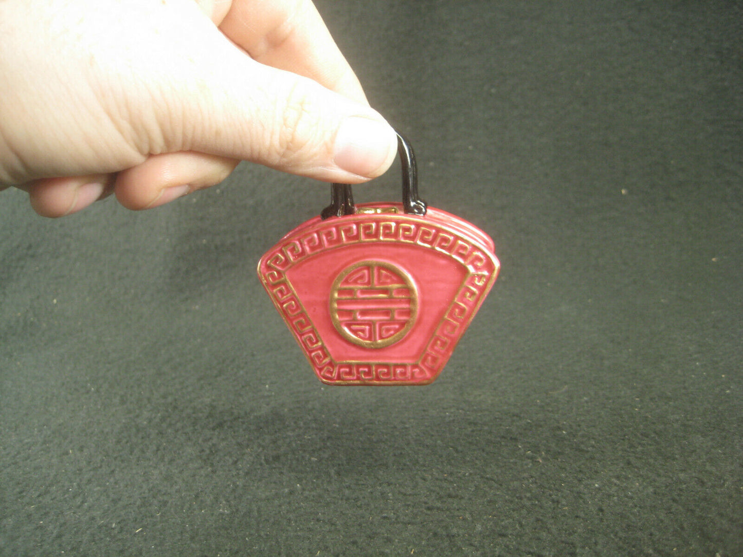 Chinese Ceramic Hinged Hand Bag PillBox Hand Painted Pink W/ Gold 3"