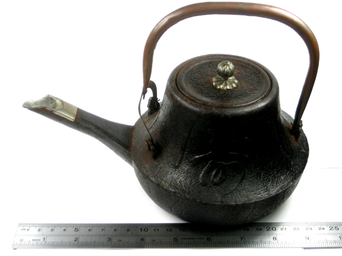 Antique Japanese Cast Iron Sake Warmer Tetsubin Bronze Lid W/ Enamel Inside Ume