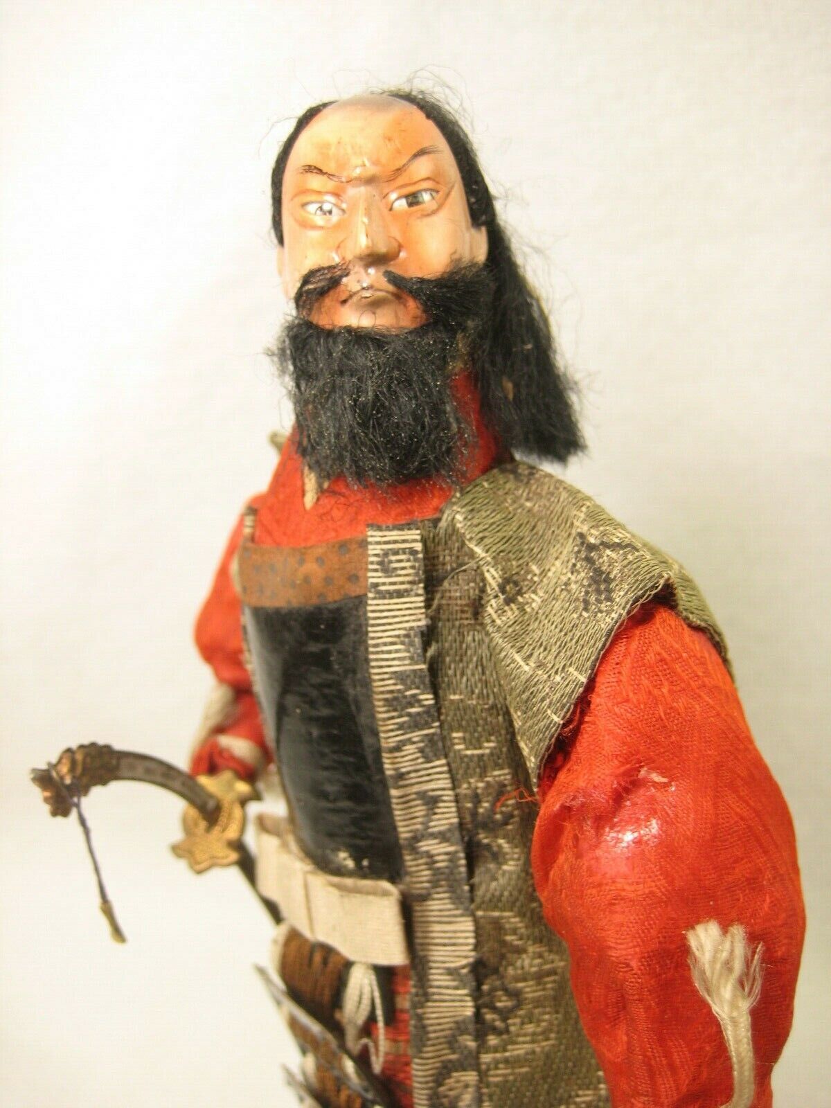 Antique Japanese Samurai Warrior Doll Wood Gofun Face Fierce General W/Sword