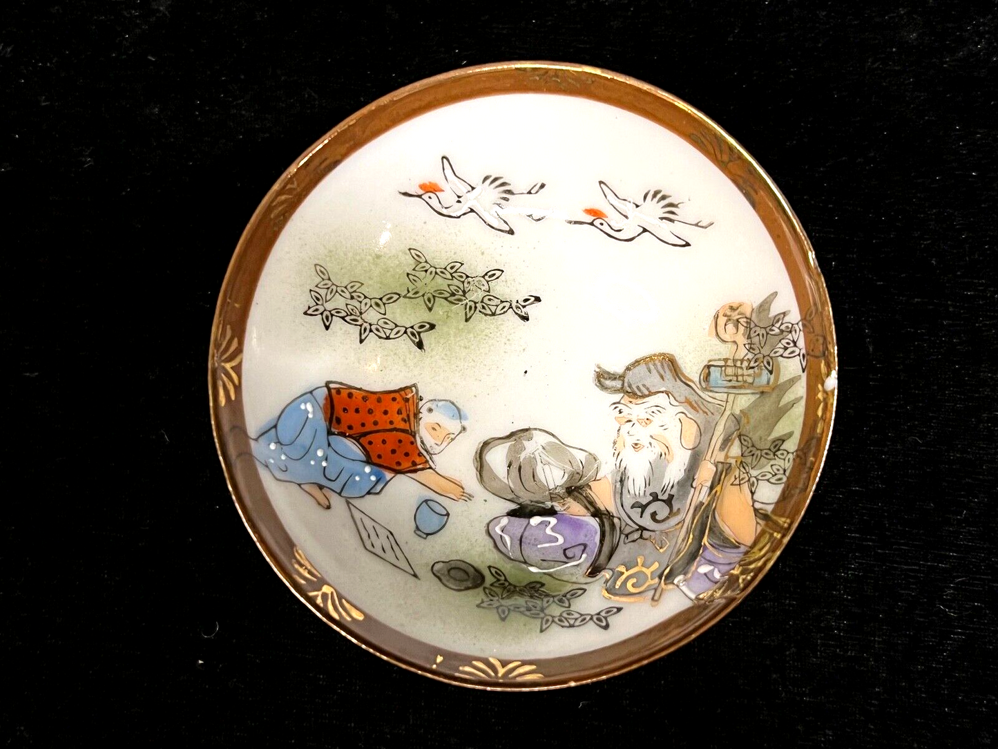 Antique Japanese Kutani Hand Painted Sakazuki Sake Cup Guinomi Jurojin 3.25"