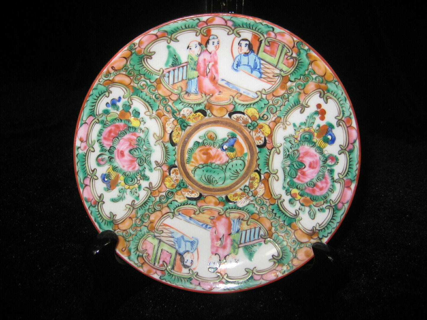 Vintage Chinese Ceramic Hand Painted Plate Dish Pink Green Birds & Flowers 5"