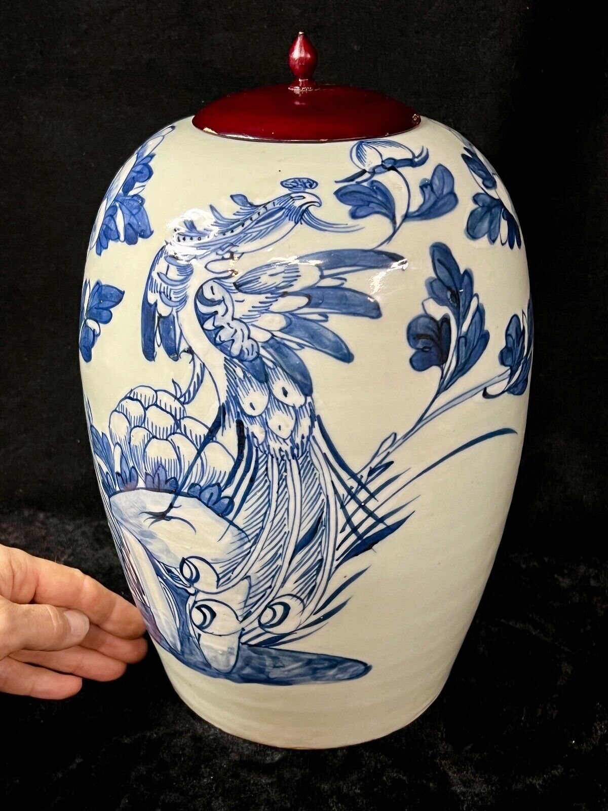 Antique Chinese Qing 19Th Century Blue & White Jar Hand Painted Phoenix 18"