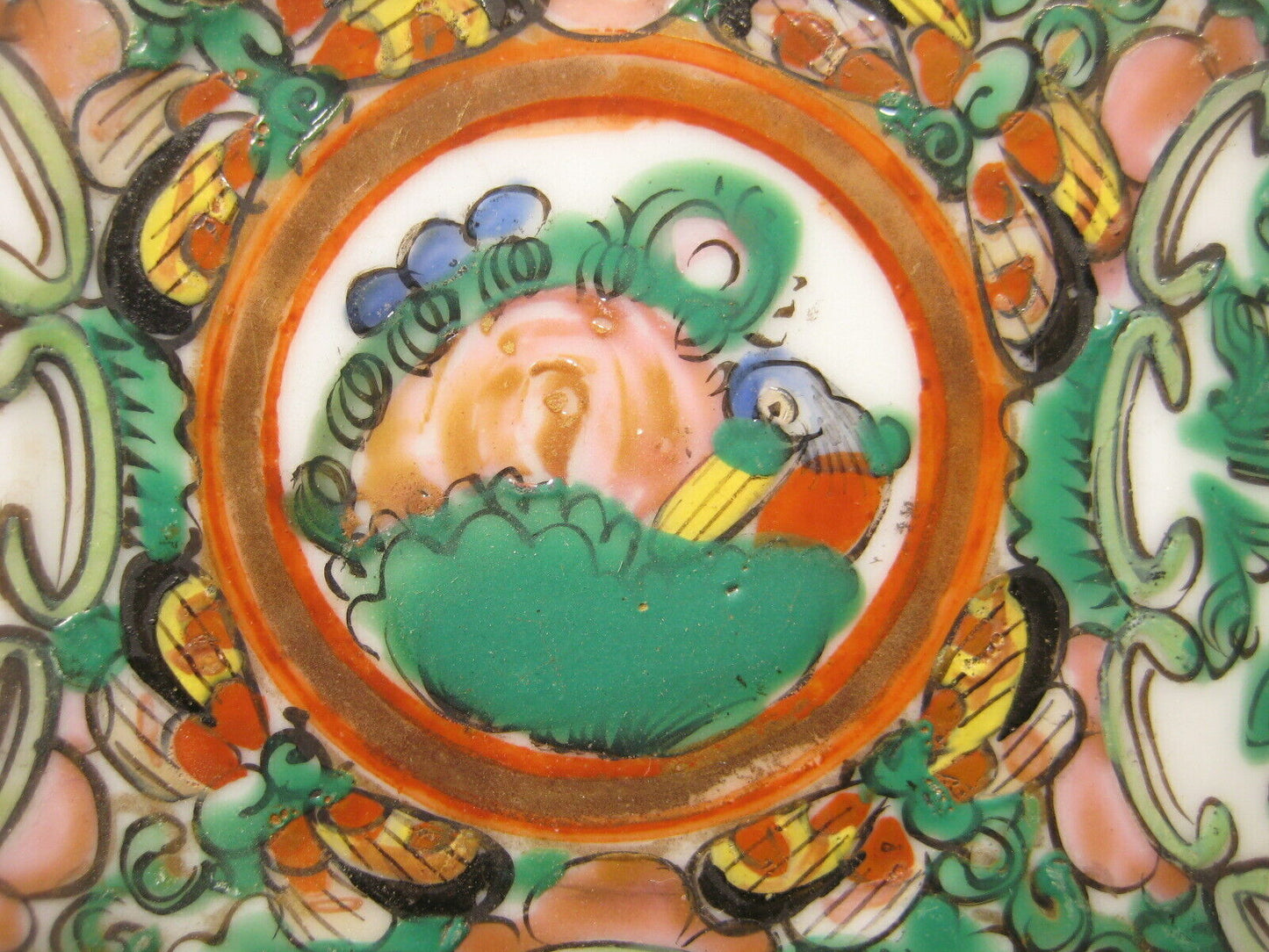 Vintage Chinese Ceramic Hand Painted Plate Dish Orange Green Birds & Flowers 5"