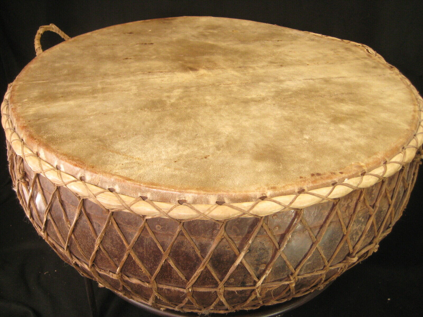Vintage Hand Made African Kettle Drum Huge Riveted Steel 31" Drum w/ Stand