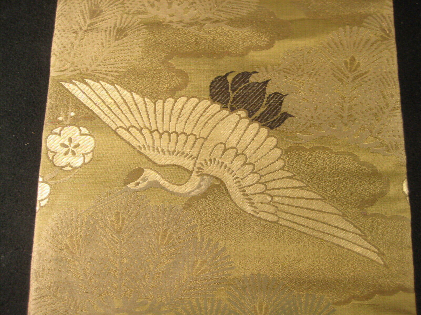 Japanese Green Obi Sash For Kimono Cranes Plum Pine Chrysanthemum Flowers