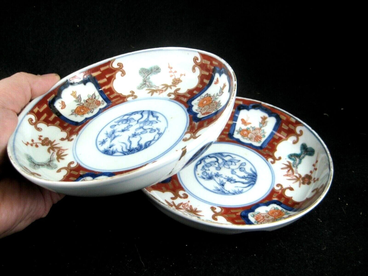 Antique Japanese Kintsugi Meiji 1800'S Imari Ceramic Bowl Set Gold Repair 8.5"