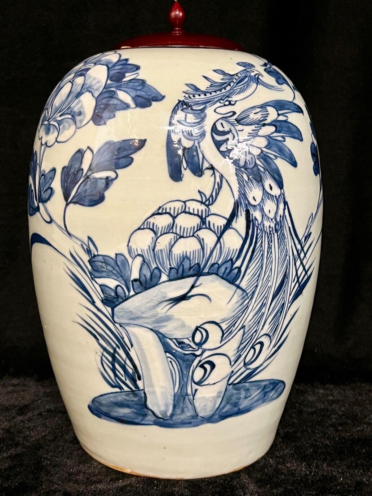 Antique Chinese Qing 19Th Century Blue & White Jar Hand Painted Phoenix 18"