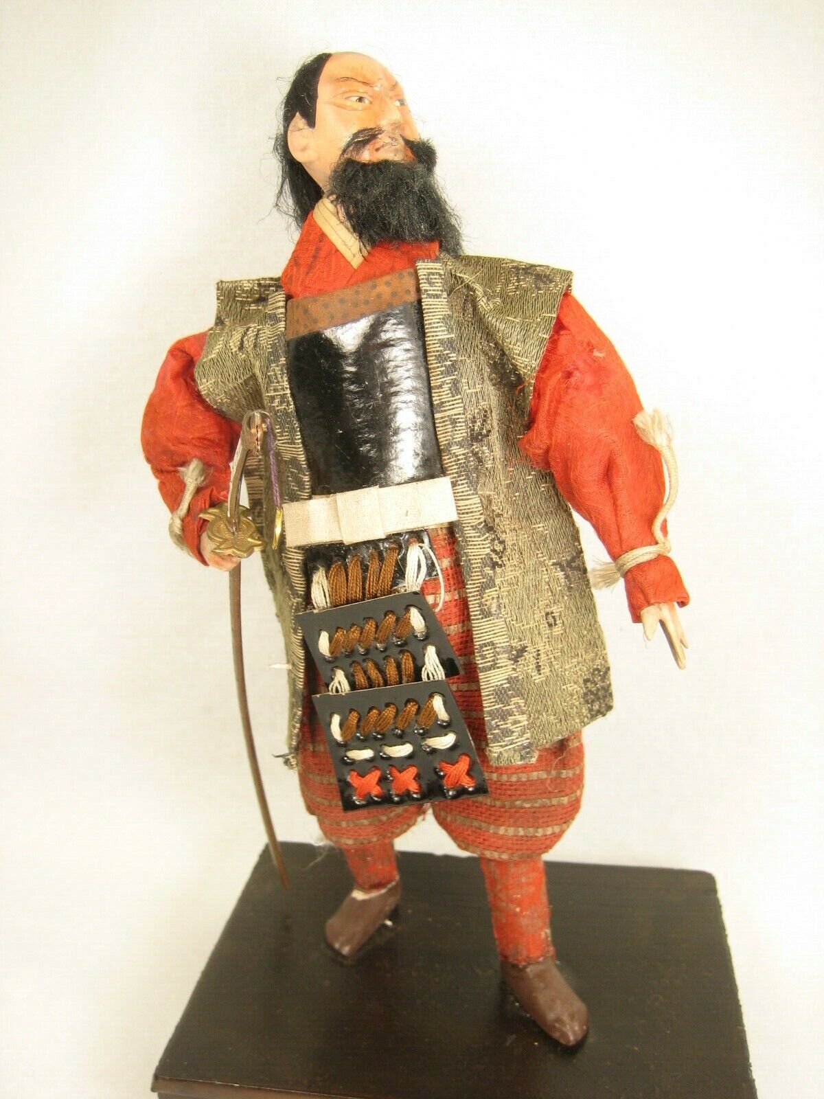 Antique Japanese Samurai Warrior Doll Wood Gofun Face Fierce General W/Sword