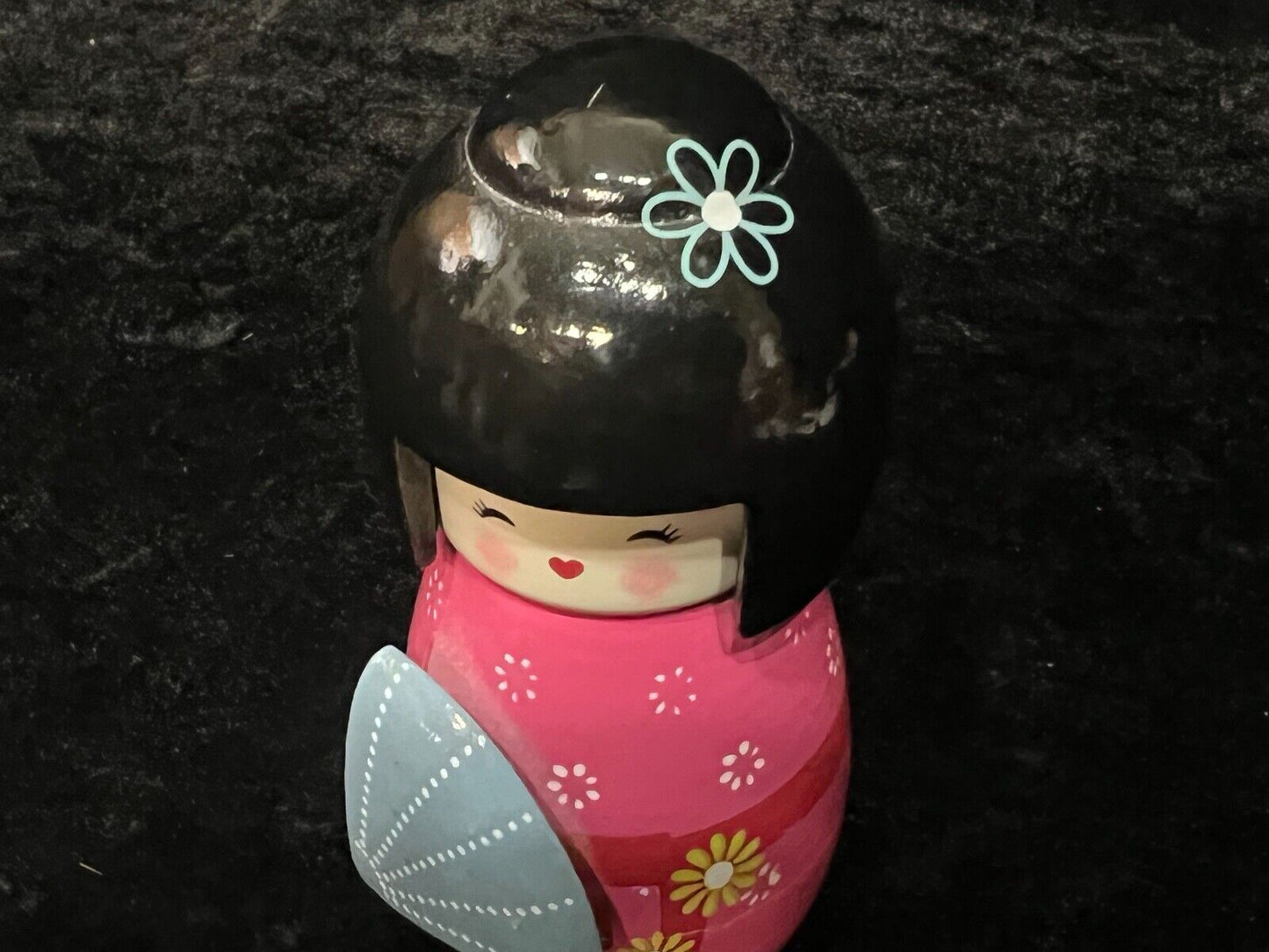 Vintage Japanese Kokeshi Wooden Doll Pink Kimono W/ Fan 5"