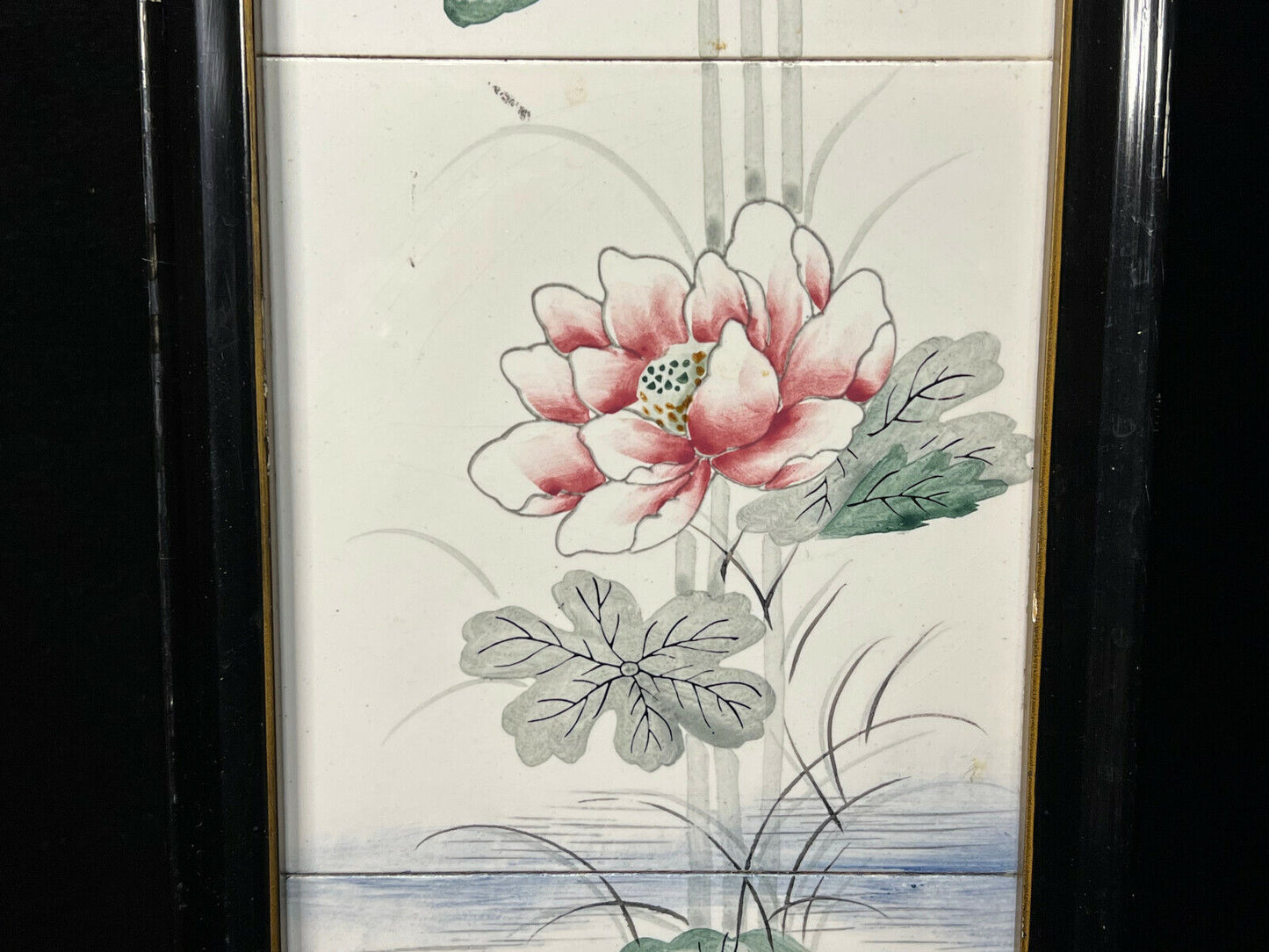 Vintage Japanese Hand Painted Tile Panels Framed Lotus Flowers 25" X 7"