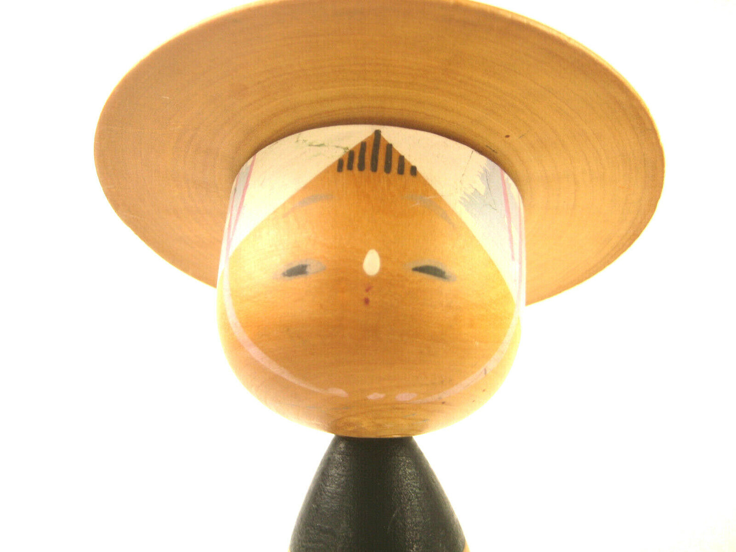 Vintage Japanese Kokeshi Wooden Bobblhead Doll W/ Hat Hand Painted Trees 3"