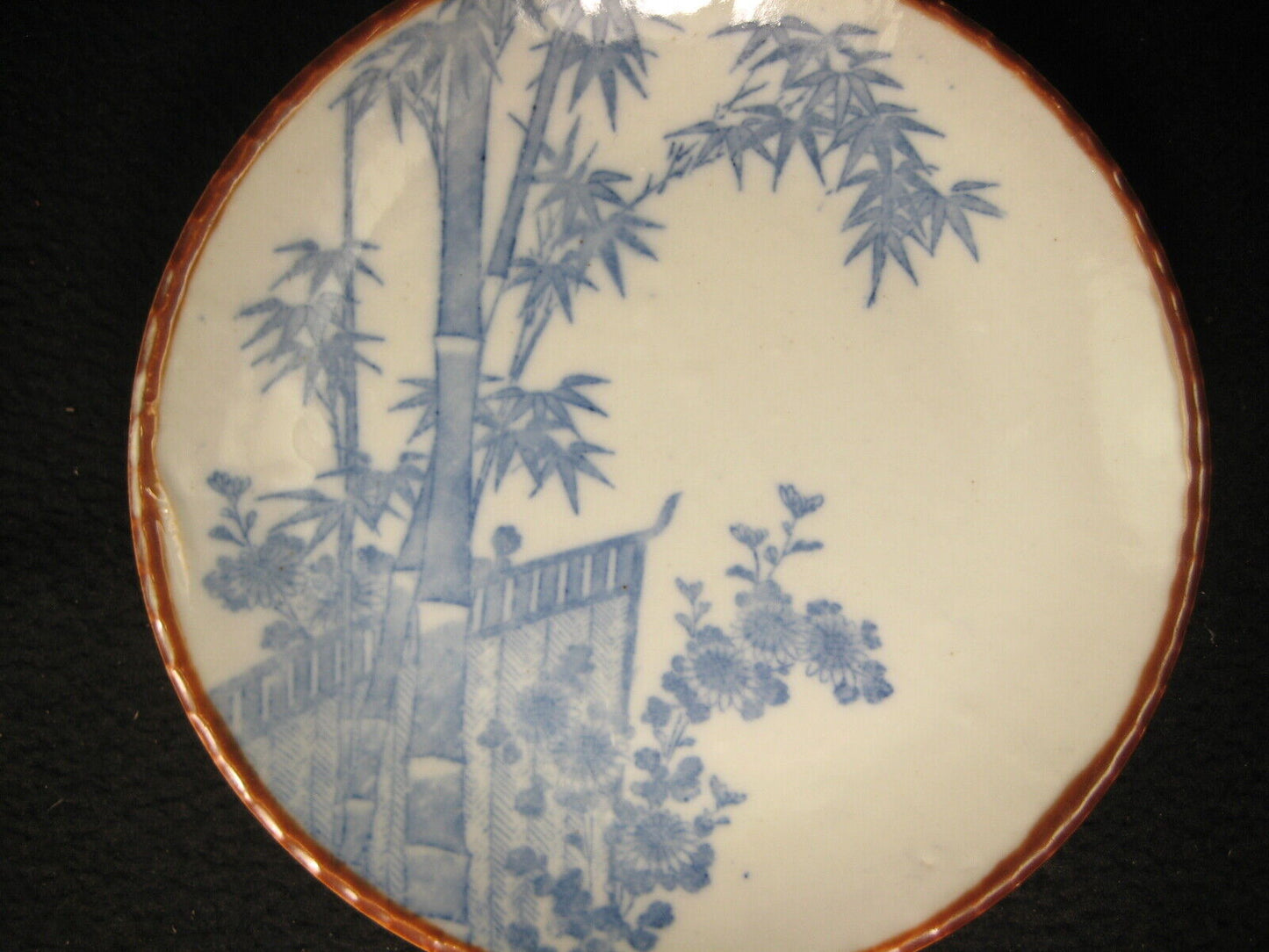 Antique Japanese Meiji Era (C1910) 7" Ceramic Blue/ White Imari Dish Bamboo