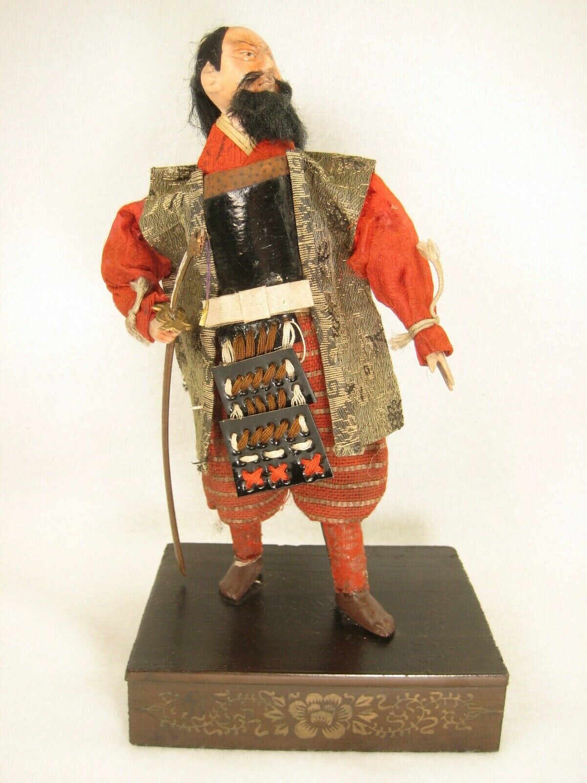 Antique Japanese Samurai Warrior Doll Wood Gofun Face Fierce General W/Sword