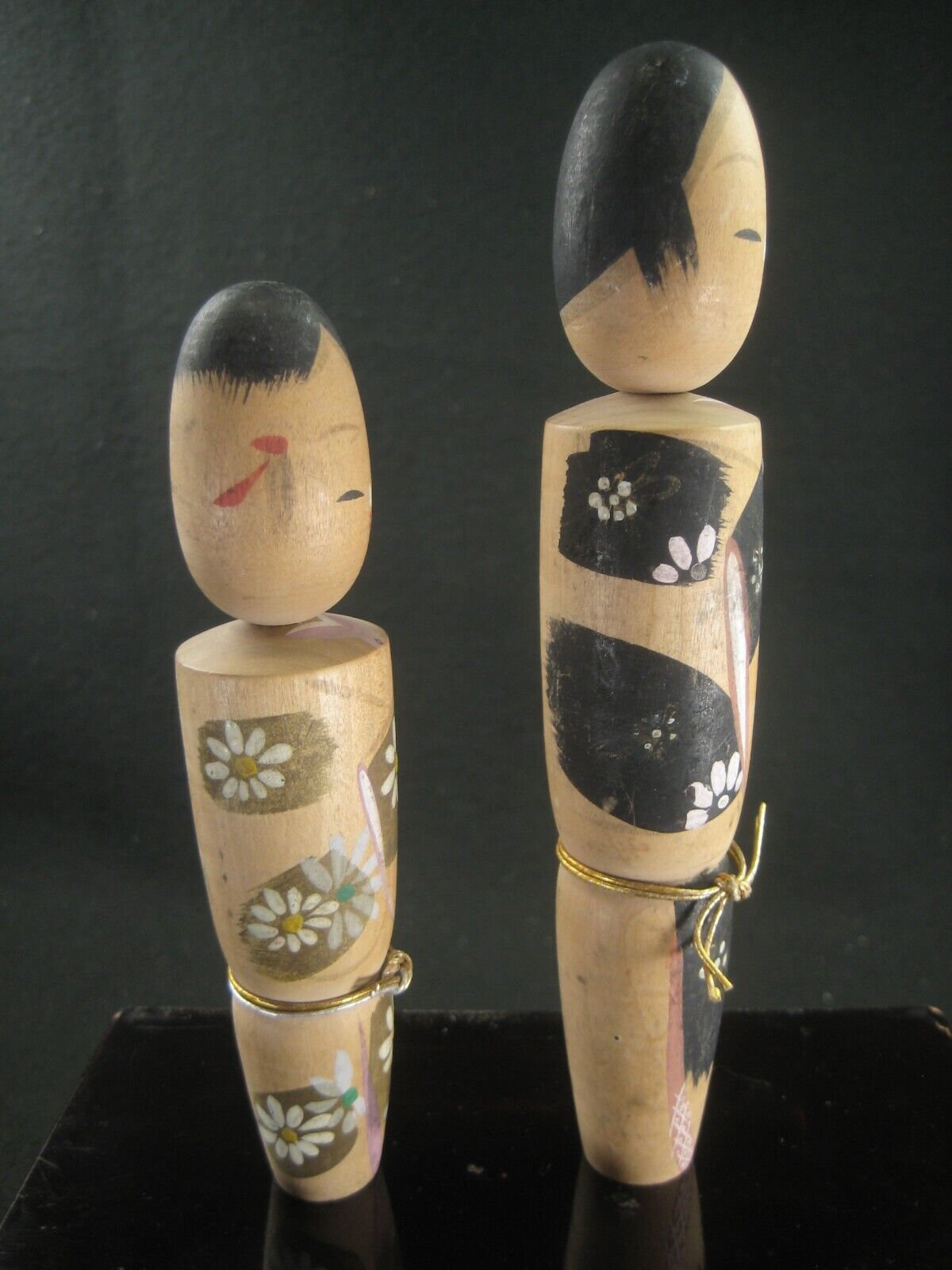 Vintage Japanese Kokeshi Gold And Black Wooden Doll Kimono 6"