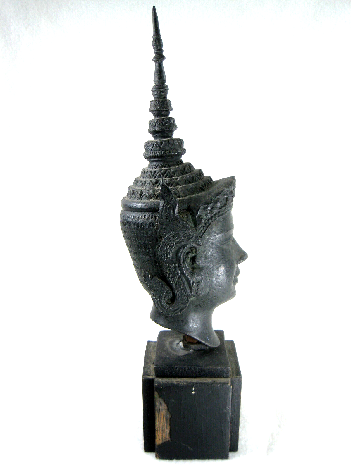 Vintage Thai Bronze Small Cast Buddah Head Smiling W/ Tall Crown & Flowers