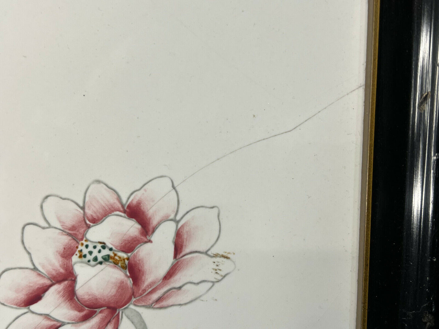 Vintage Japanese Hand Painted Tile Panels Framed Lotus Flowers 25" X 7"