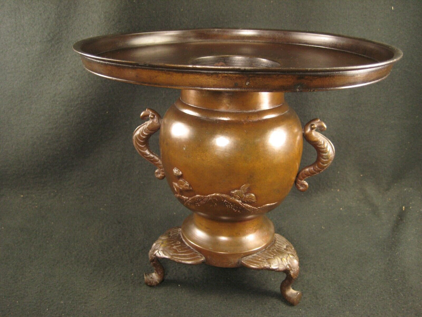 Antique Japanese Signed Usubata Bronze Ikebana Flower Vase Birds & Flowers