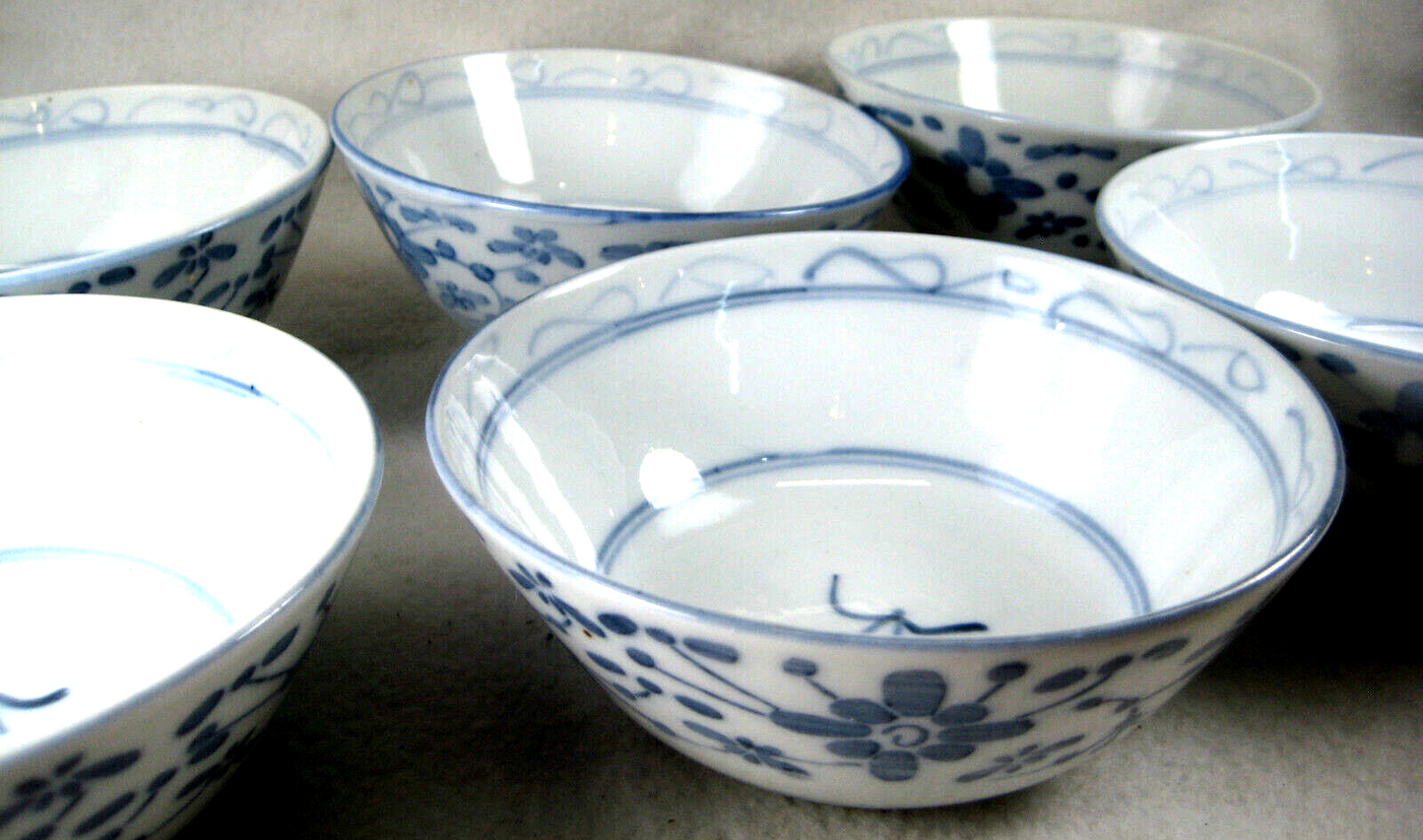 Chinese Hand Print Ceramic Chawan Bowl Classical Flowers Stems & Petals 5.5"