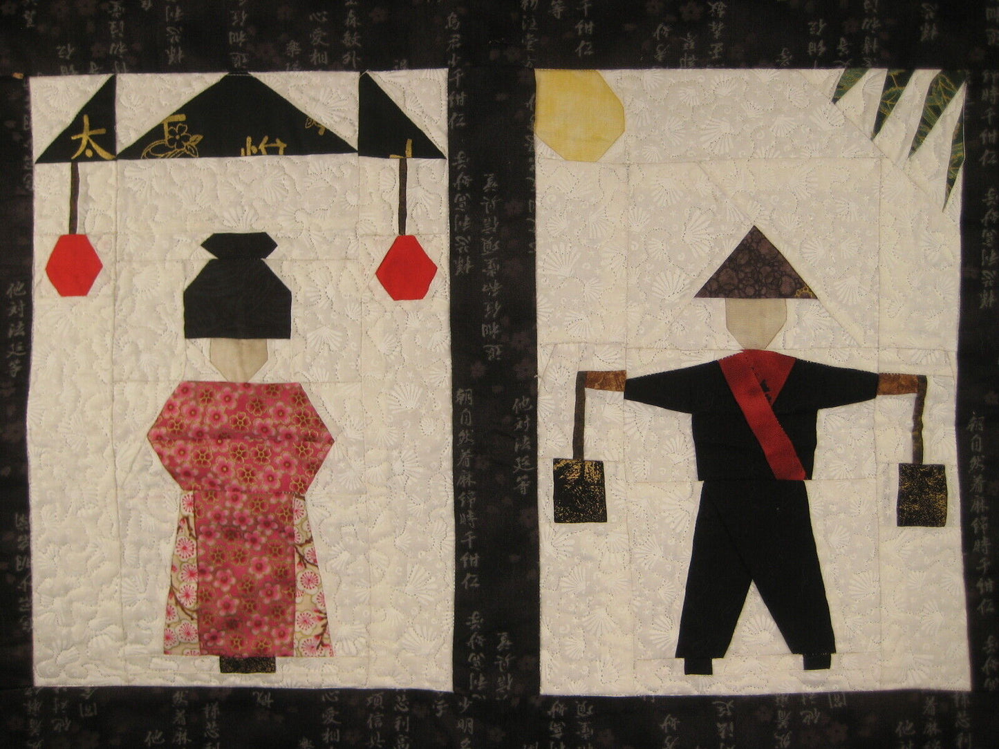 Vintage Japanese Signed Printed Cotton Stiched Quilt Man Woman Design