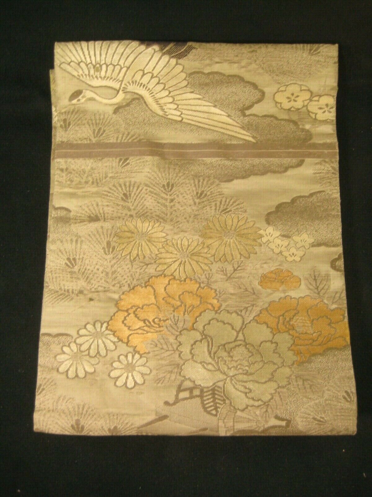Japanese Green Obi Sash For Kimono Cranes Plum Pine Chrysanthemum Flowers