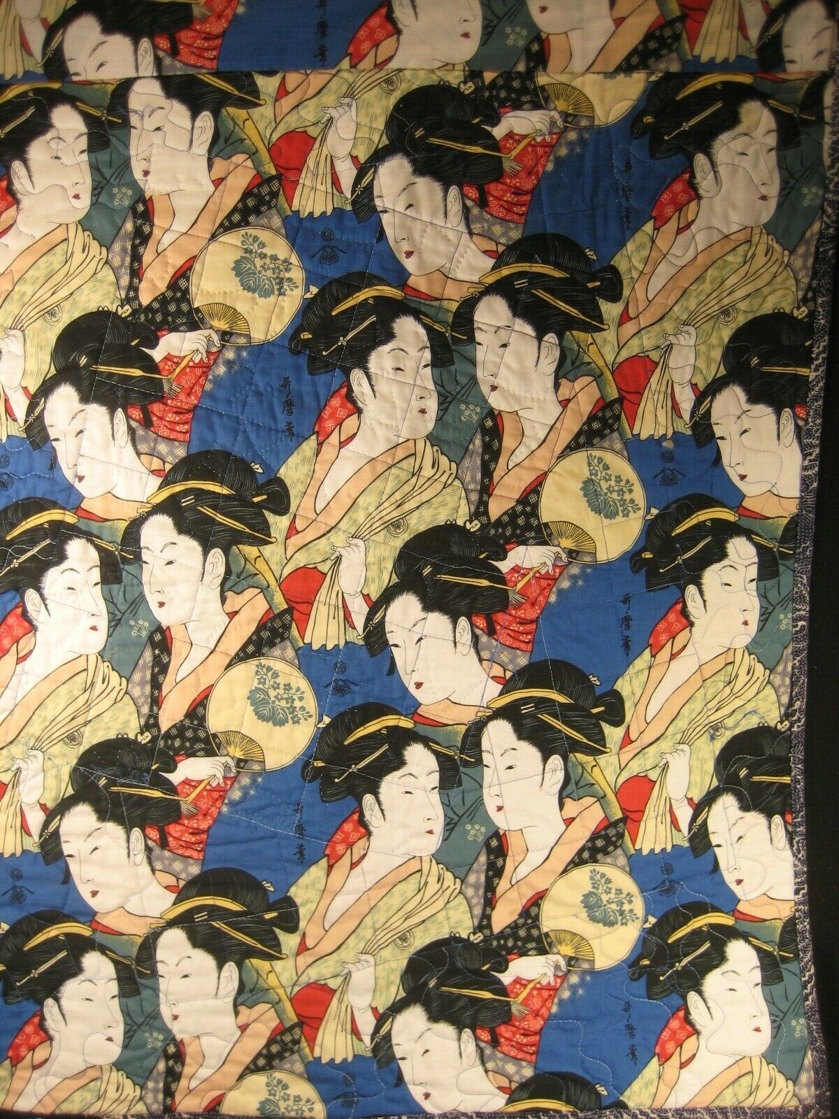 Vintage Japanese Printed Cotton Stiched Quilt Utamaro Courtesan Geisha Design