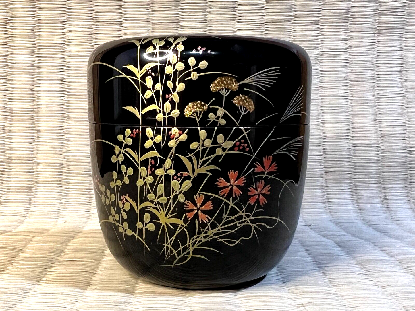 Japanese Natsume Tea Caddy Signed: Tomohio Tea Ceremony "Autumn Flowers"