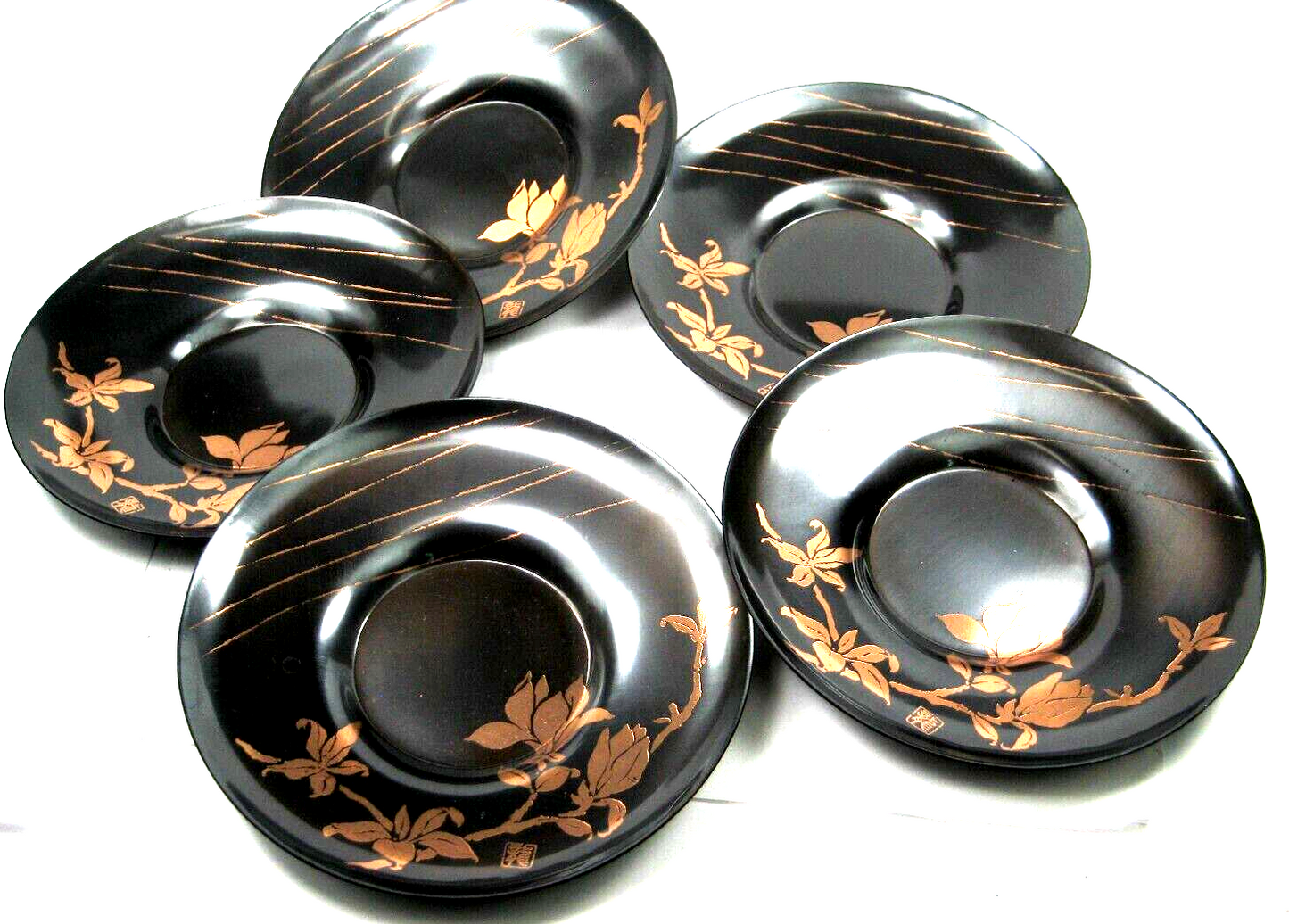 Vintage Japanese Bronze Chataku Tea Saucer Set w/Copper Flowers 4.5"