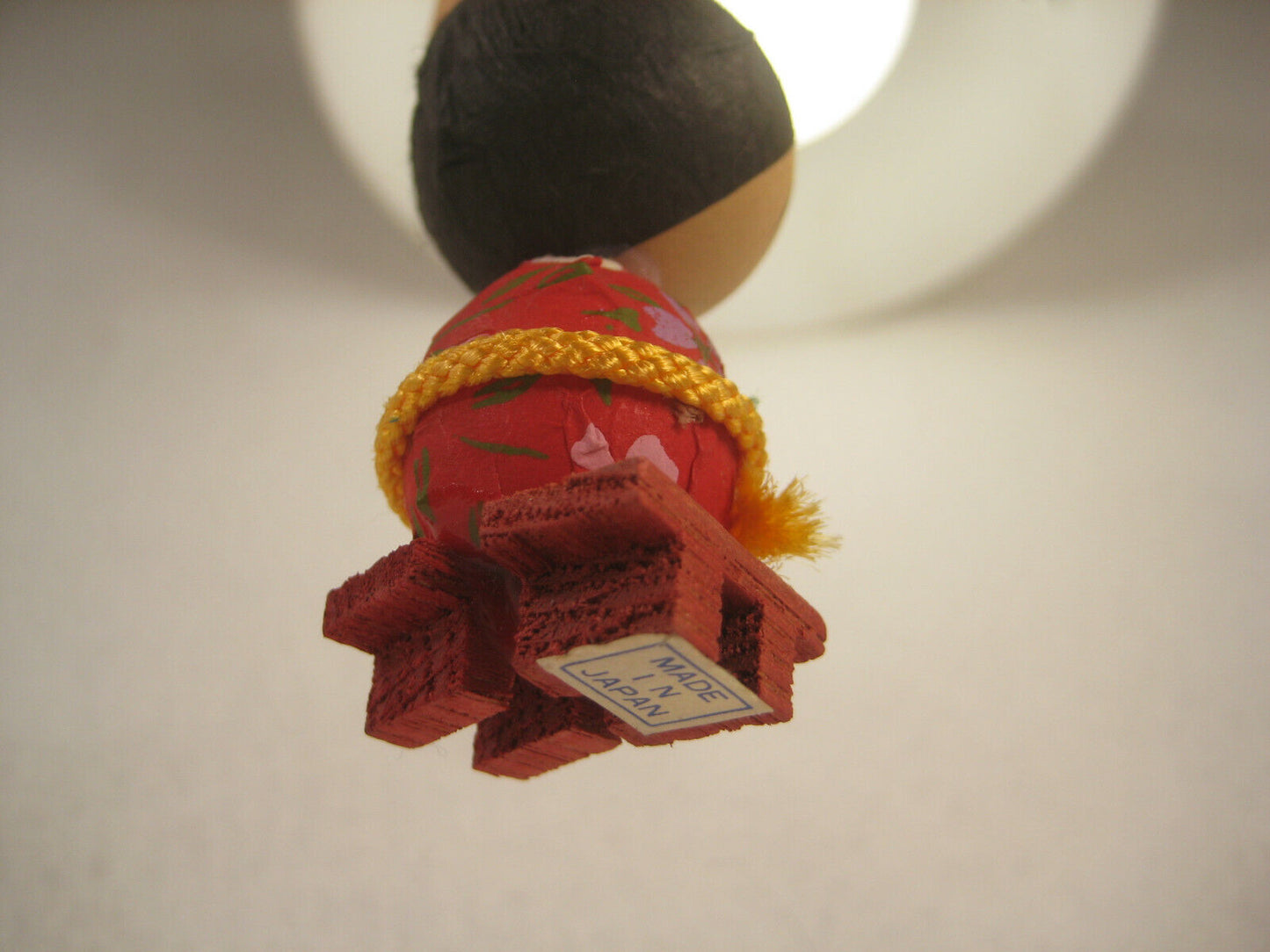Vintage Japanese Kokeshi Wooden Doll Paper Kimono W/ Plaque Flowers 4.5"