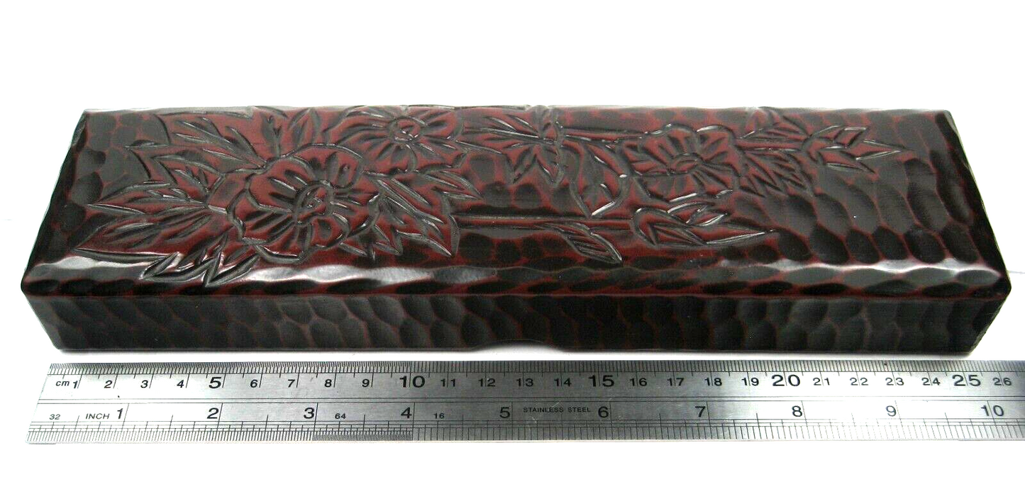 Vintage Japanese Kamakurabori Brush Box Peony Flowers Deep Red Lacquer 10"