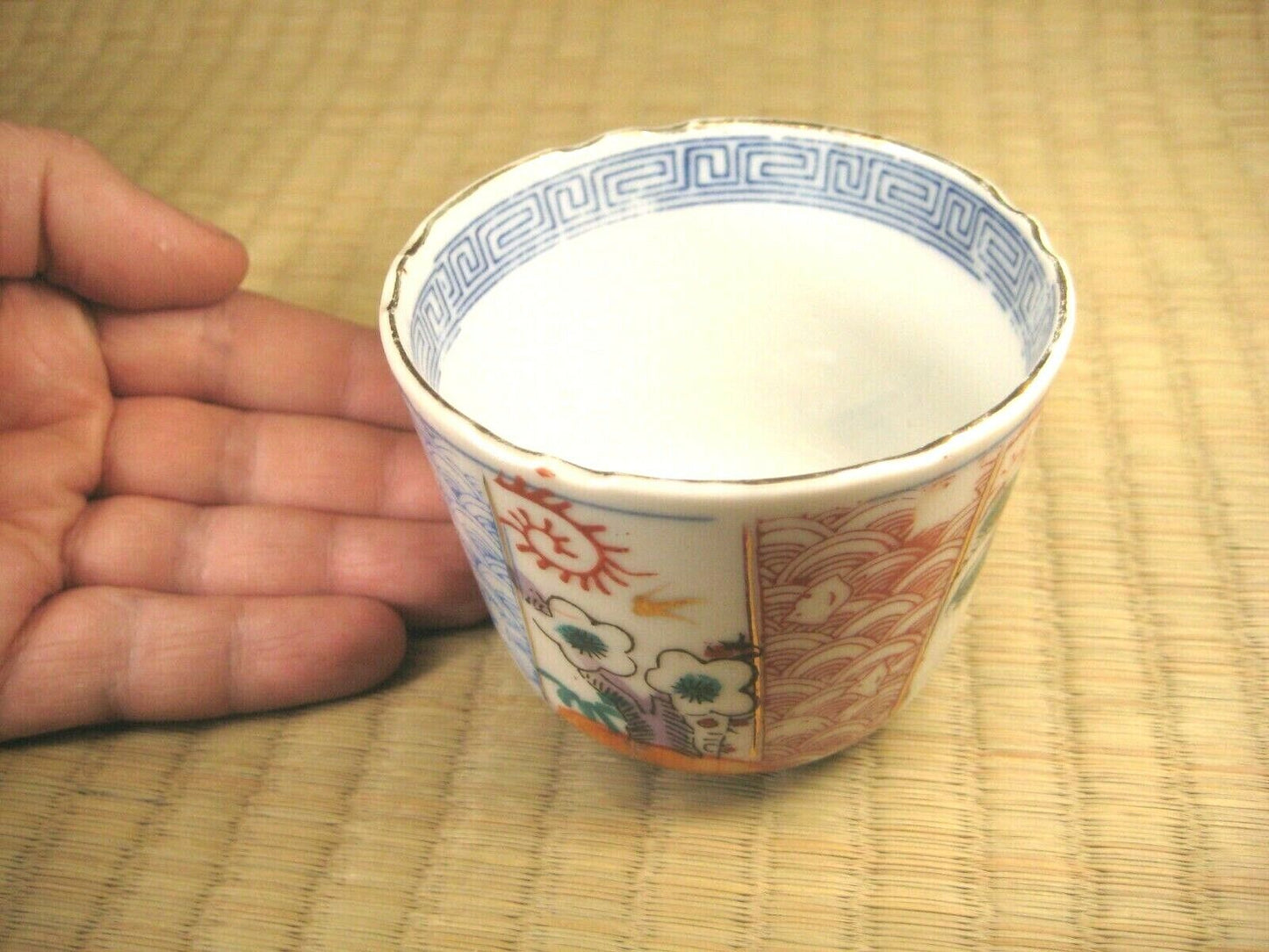 Antique Japanese (C. 1880) Hand Painted Ceramic Tea Cup / Sake Cup Scenic Bonsa