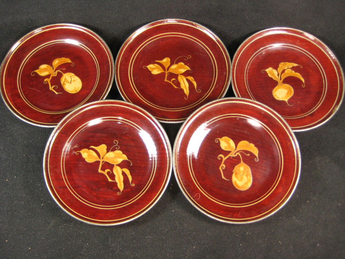 Antique C. 1920 Set Of 5 Japanese Lacquer Kashizara Appetizer Plates