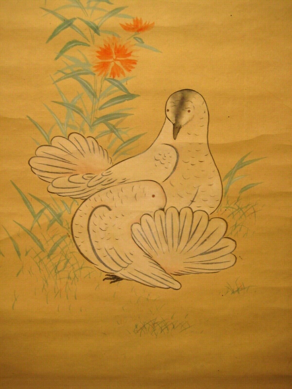 Antique Japanese Meiji Era Scroll Hand Painted Dove With Flower & Butterfly 48"