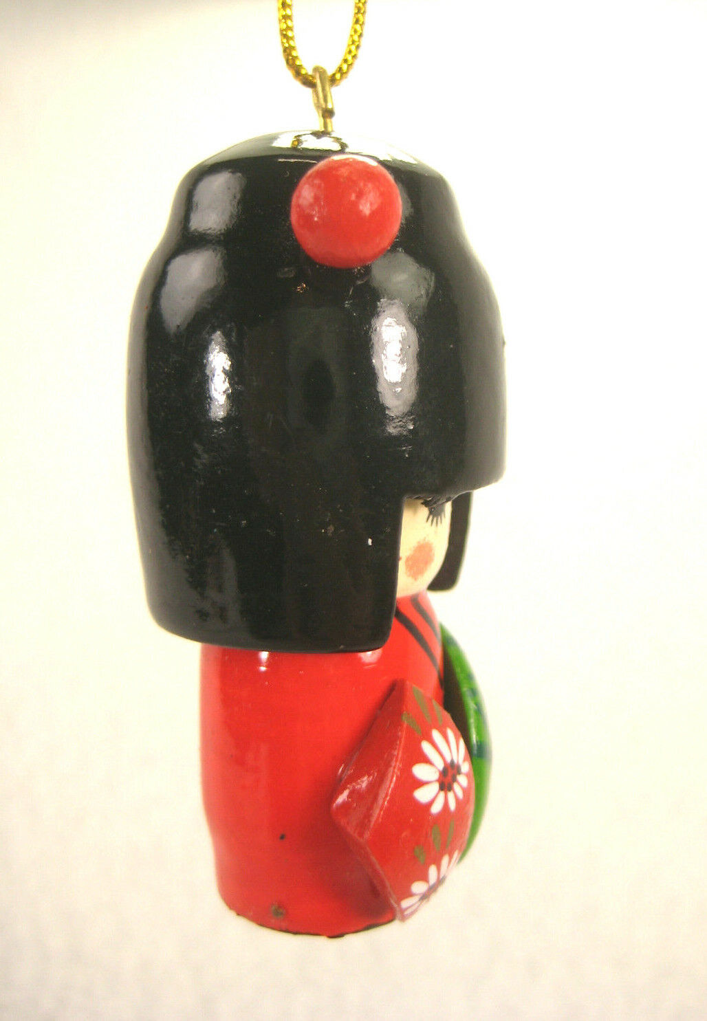 Japanese Hanging Kokeshi Ornement Red Kimono Green Hat Red Fan Tall Hair