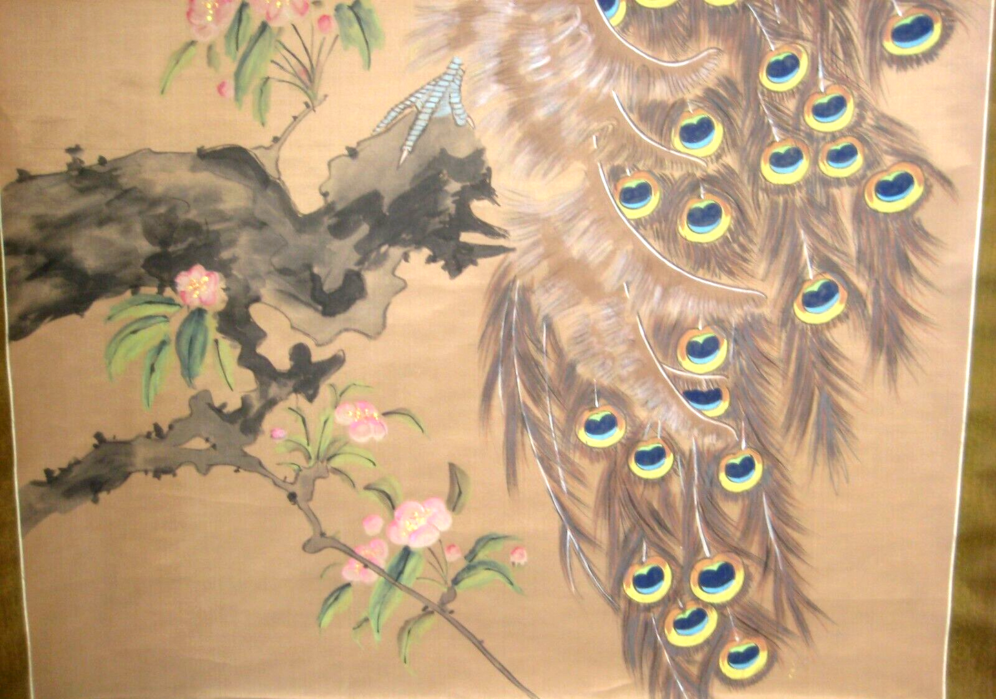 Vintage Japanese Scroll Peacock In Vivid Green & Blue Bird Painting Sumi 31X80"