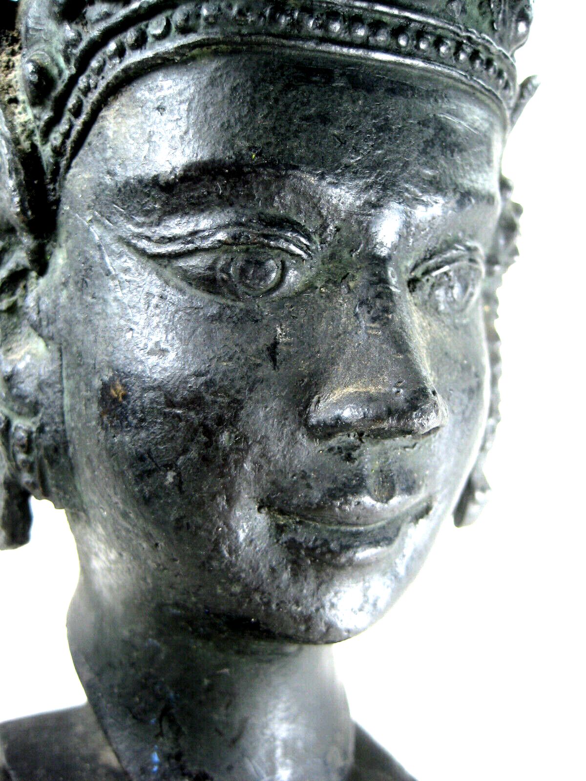 Vintage Thai Bronze Small Cast Buddah Head Smiling W/ Tall Crown & Flowers
