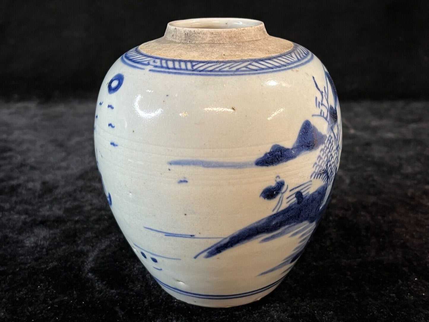 Antique Chinese Qing 19Th Century Cobalt Blue & White Jar Hand Painted 5.5"