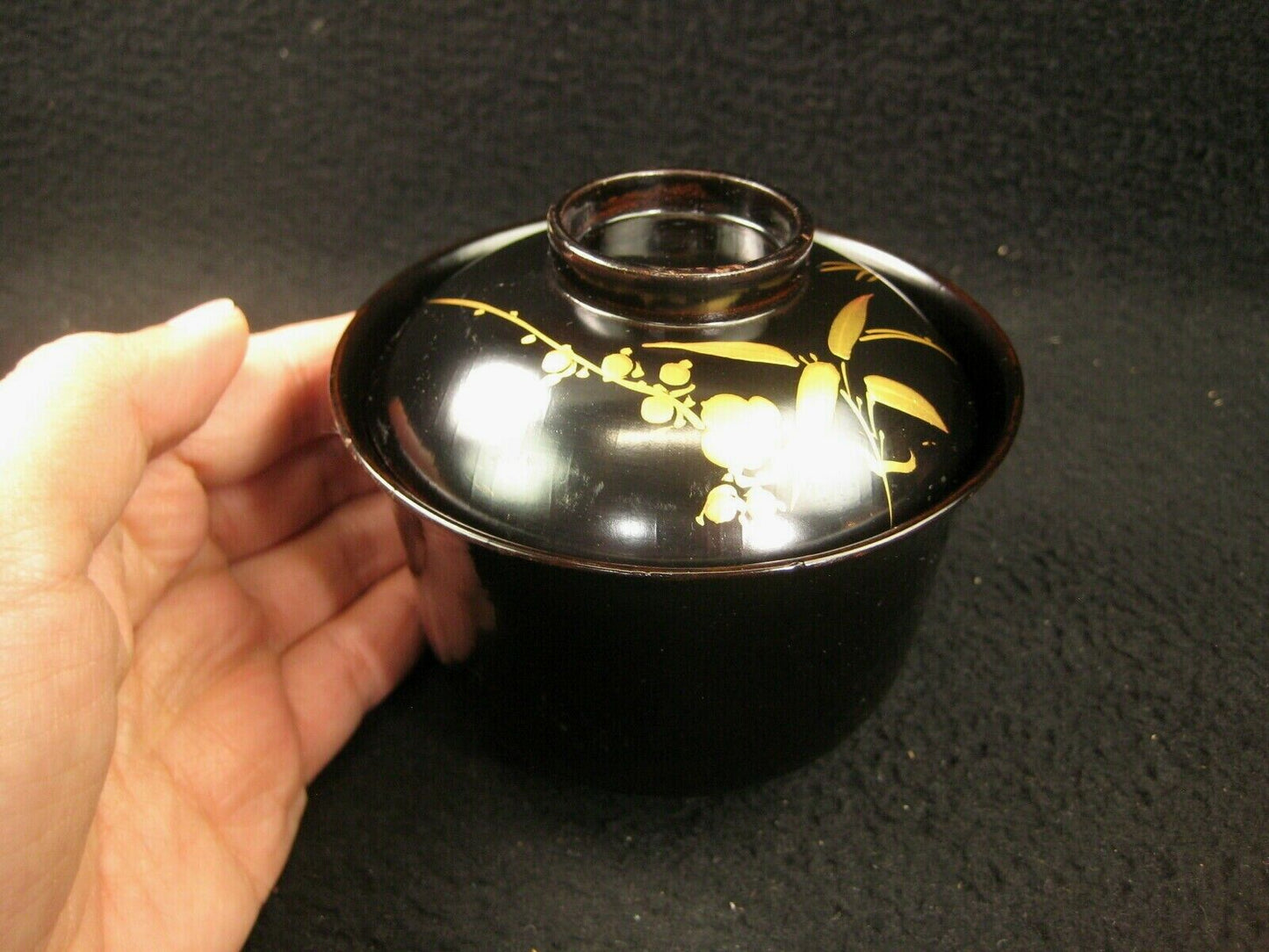 Antique Japanese Meiji Era (C.1900) Black Lacquer Lidded Soup Bowl Gold Makie