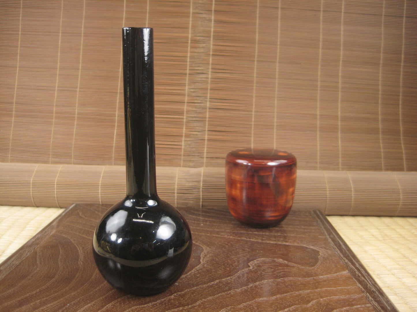 Vintage Black Glass Ikebana Bud Vase Tall Neck Round Body6.25"
