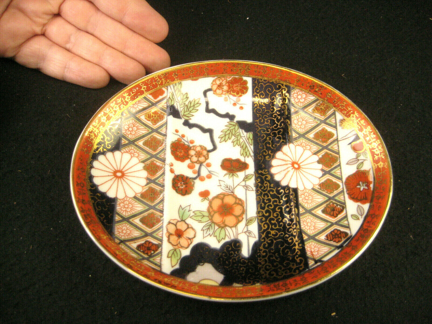 Vintage Japanese Imari Oval Kashizara 6.25" Plum & Cherry Blossomes & Mums