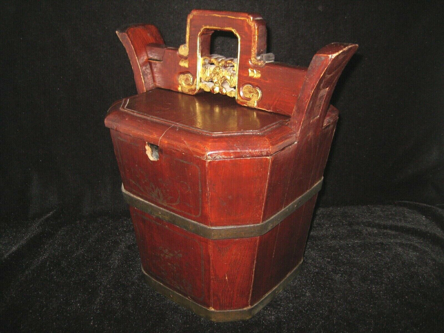Antique Chinese Hardwood Teapot Caddy Holder W/ Bat Carving Red & Gold