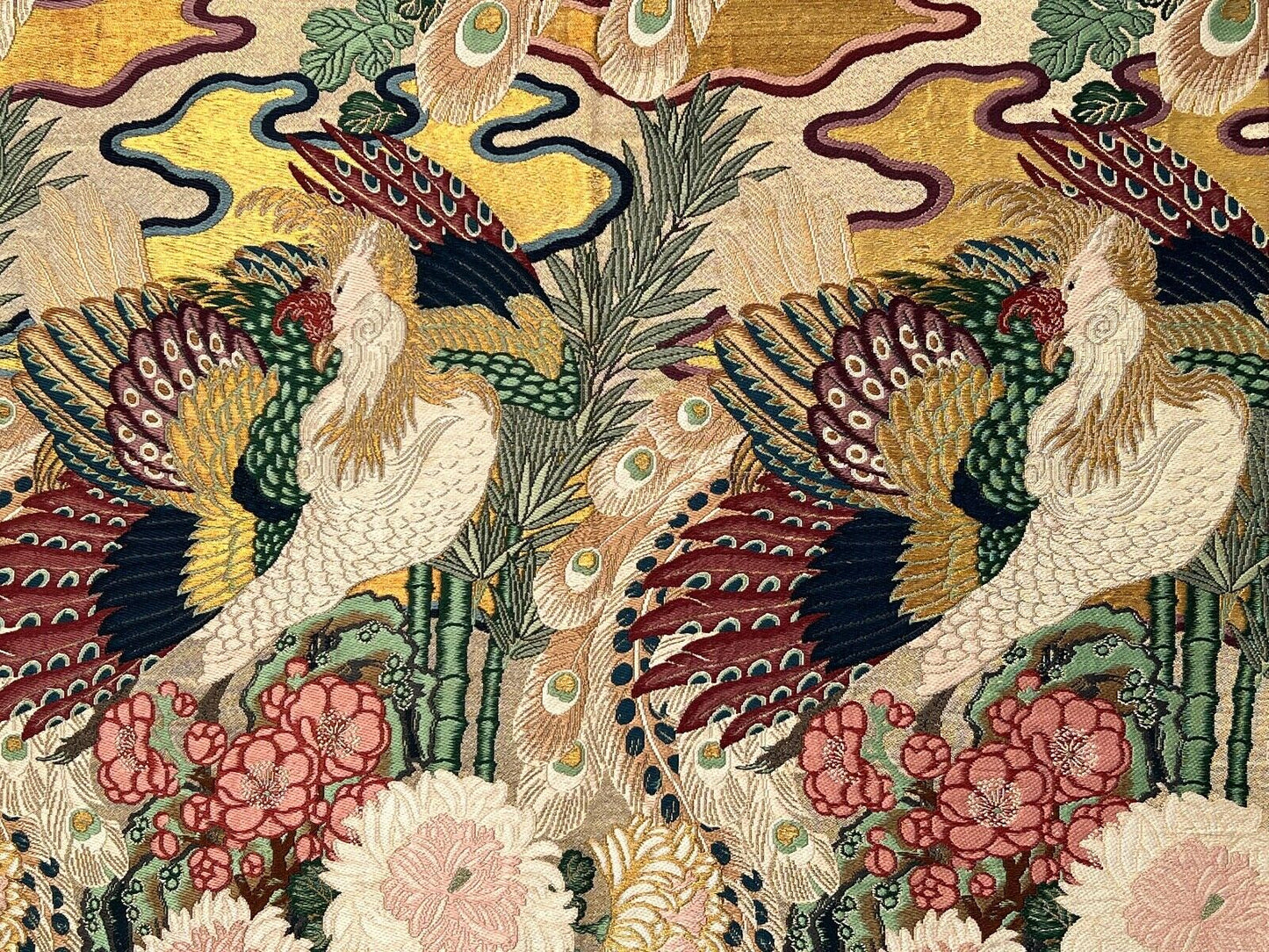 Antique Japanese Silk Obi Framed Into a 3 Panel Screen Wall Hanging Phoenix Motif 58"H