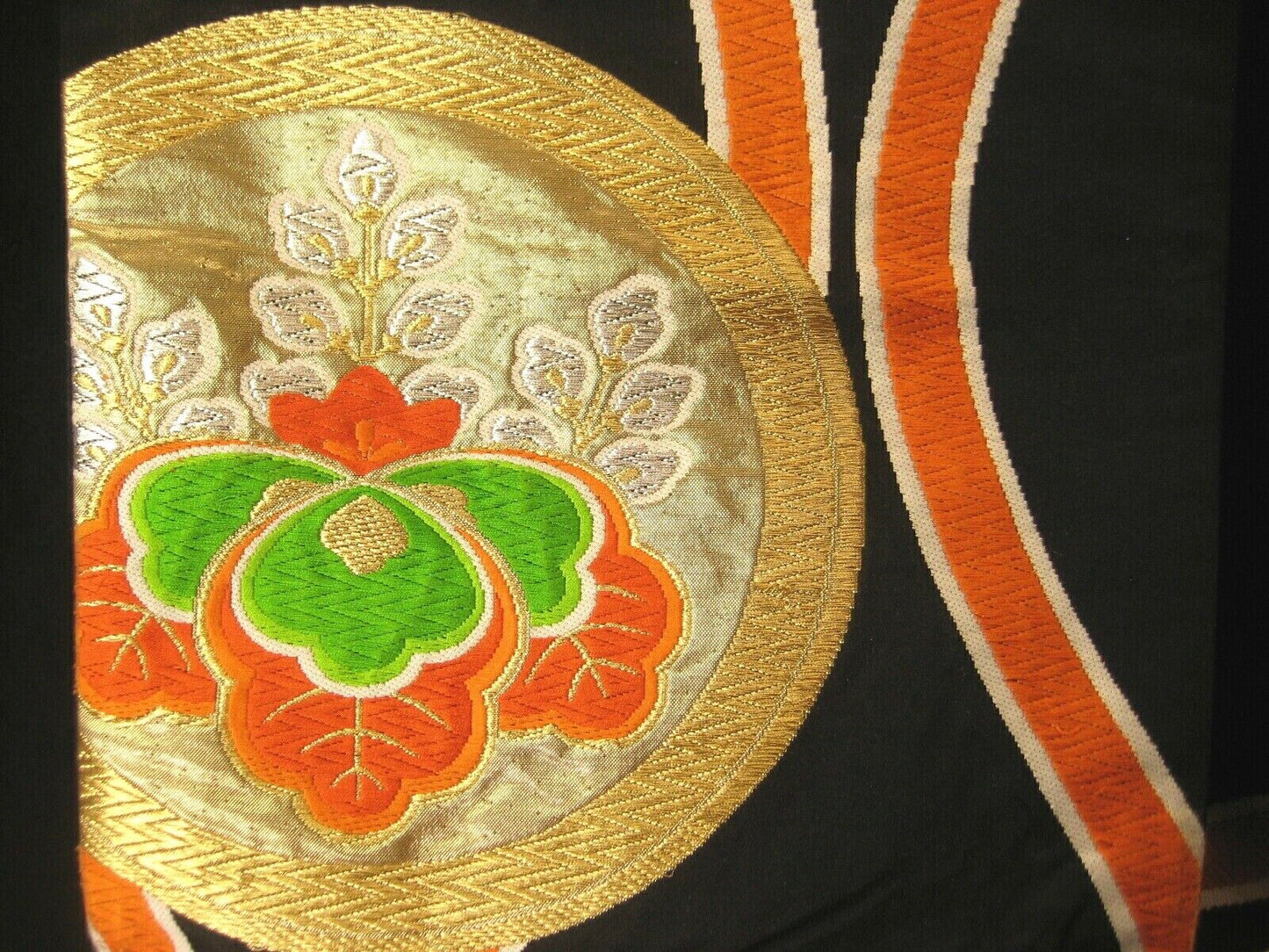 Antique Japanese Silk Maru Obi Sash For Kimono W/ Butterflies & Paulownia 13Ft