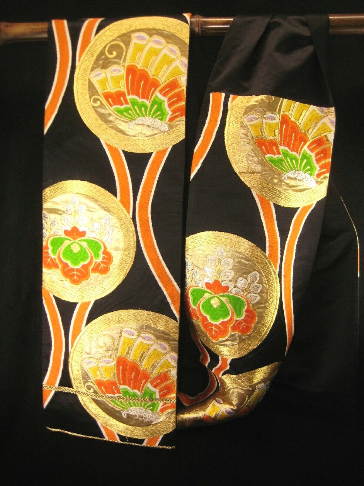 Antique Japanese Silk Maru Obi Sash For Kimono W/ Butterflies & Paulownia 13Ft